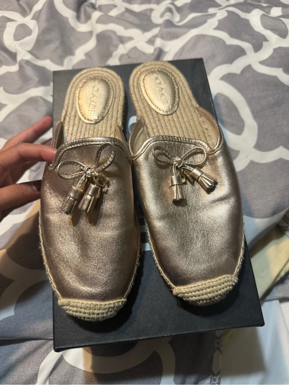 Coach Metallic Gold Tassel Espadrille Mules